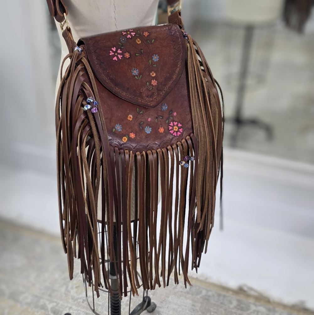 Handmade Tooled Leather Fringe Bag - Picture 8 of 13